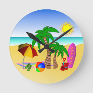Beach Sun Sea Surf Medium Blue Round Wall Clocks
