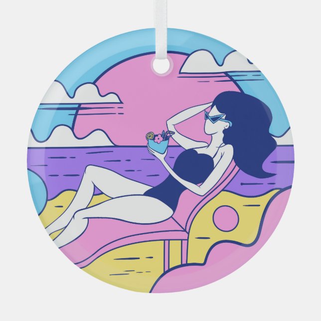 Beach Sunbathing Girl Cocktail Illustration. Glass Ornament (Front)
