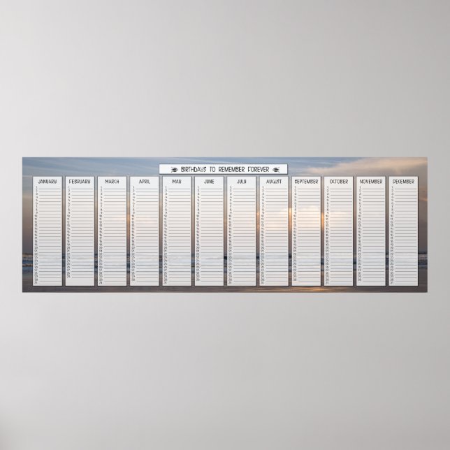 Beach Sunrise Classroom Size Birthday Calendar Poster (Front)