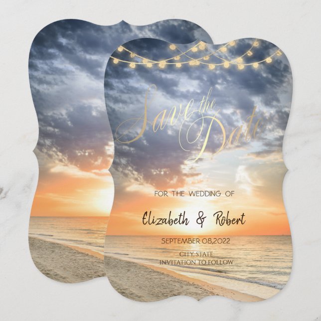 Beach Sunrise String Lights Save The Date (Front/Back)