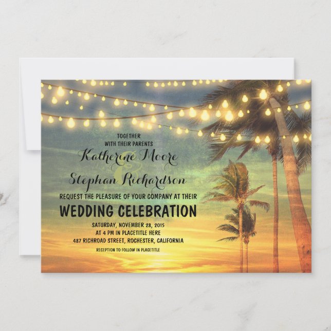beach sunset and string lights wedding invitation (Front)