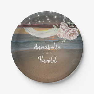 Beach Sunset and String Lights Wedding Paper Plate