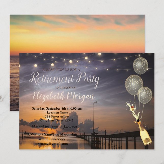Beach,Sunset,Balloons,Wine Retirement Party Invitation (Front/Back)
