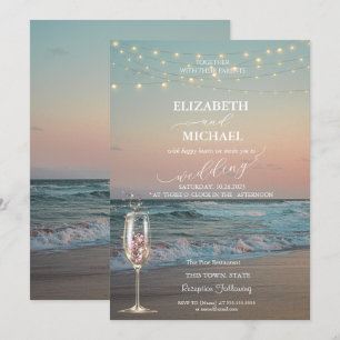 Beach Sunset,Champagne Glass Script Wedding  Invitation