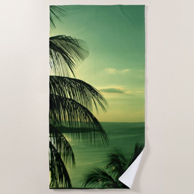 Beach Sunset Green-Blue Sky Sea Black Palm Beach Towel (Front)