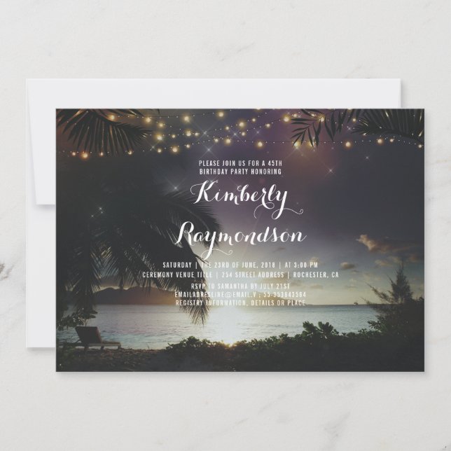 Beach Sunset Lights Tropical Birthday Party Invitation (Front)