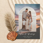 Beach Sunset Painting Seas and Greetings Photo  Holiday Card<br><div class="desc">These beautiful holiday photo cards feature a beach sunset painting in the background and an arch shape photo template. Stylish typography reads, "Seas & Greetings." Easy to personalize. The back is a matching dark teal blue but can be customized, if desired. Add photos or choose white for the back so...</div>