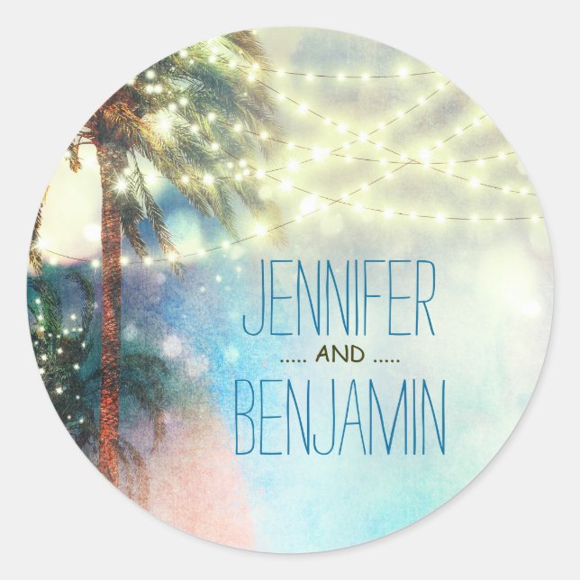 Beach Sunset Palm Lights Watercolor Wedding Classic Round Sticker (Front)