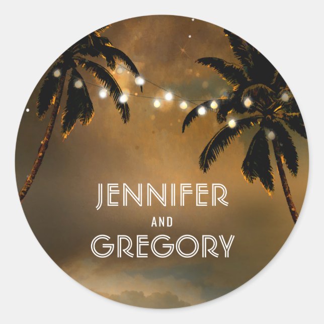 Beach Sunset Palm String Lights Wedding Classic Round Sticker (Front)