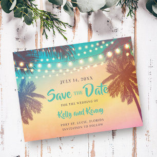 Beach Sunset Palm Trees and Lights Save the Date Postcard
