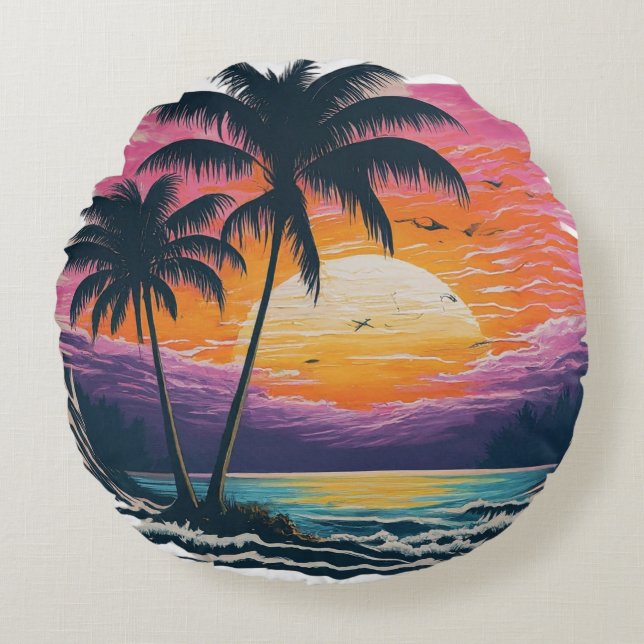 Beach Sunset & Palm Trees Decorative Pillow  (Front)