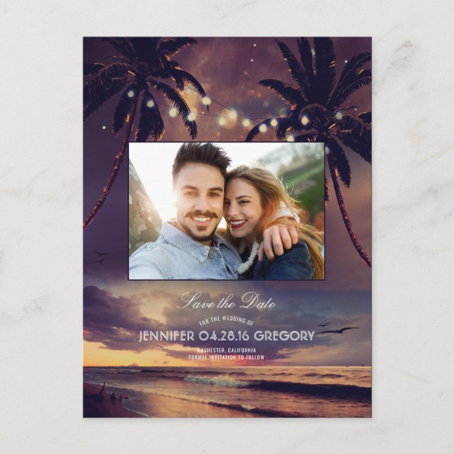 Beach Sunset Palms Lights Photo Save the Date Announcement Postcard (Front)