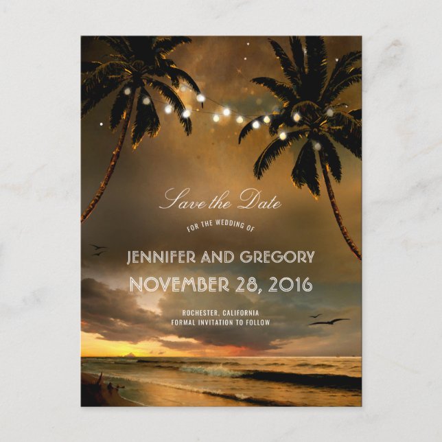 Beach Sunset Palms String Lights Save the Date Announcement Postcard (Front)