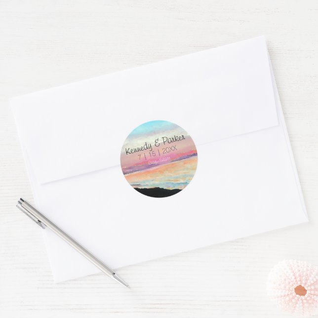 Beach Sunset Pastel Wedding Save The Date Classic Round Sticker (Envelope)