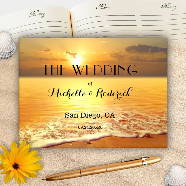 Beach Sunset Personalized Photo Wedding Guest Book (A romantic wedding guest book featuring a painting of a sunset on the beach with your custom photo)