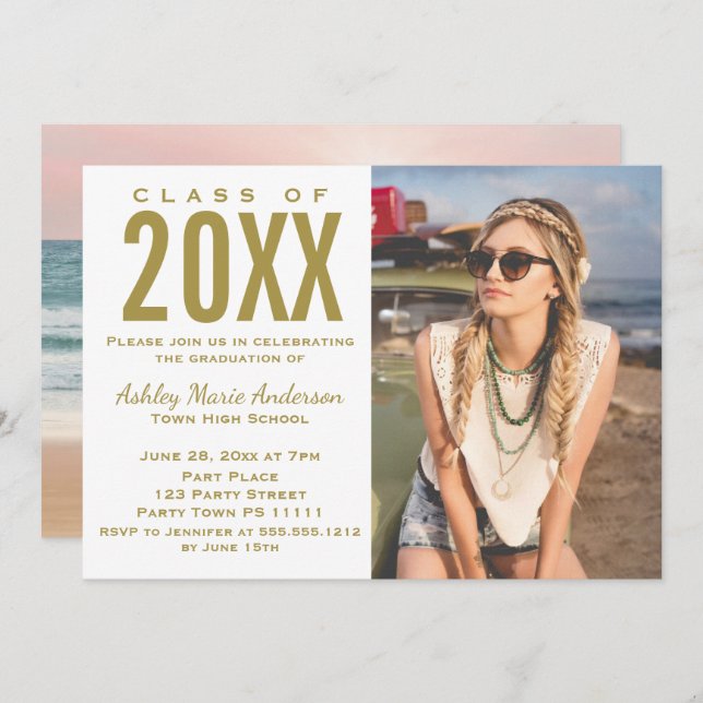 Beach Sunset Pink Gold Graduation Party with Photo Invitation (Front/Back)