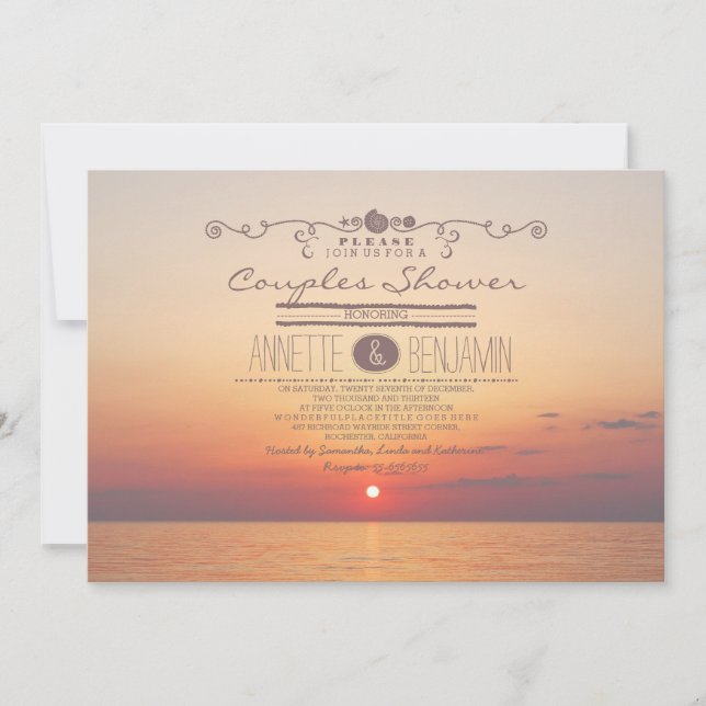 Beach sunset romantic modern couples shower invitation (Front)