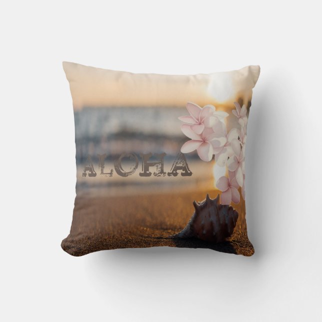 Beach Sunset Seashell, Plumeria  ,Aloha Throw Pillow (Front)