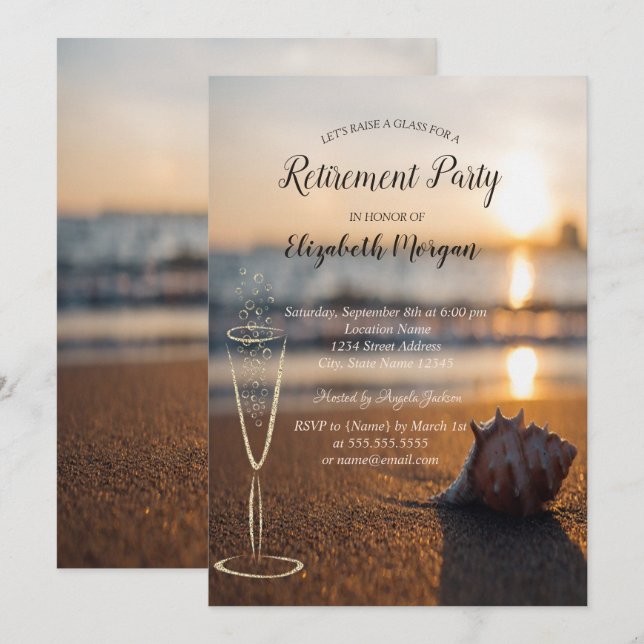 Beach Sunset Seashell Wine Glass Retirement Invitation (Front/Back)