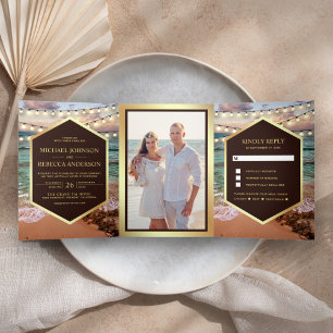 Beach Sunset String Light All in One Photo Wedding Tri-Fold Invitation