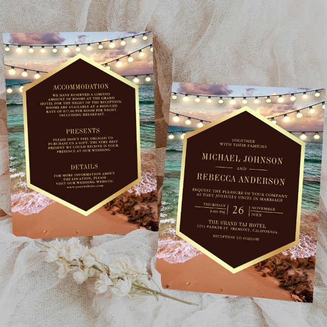 Beach Sunset String Lights All in One Wedding Invitation (Creator Uploaded)