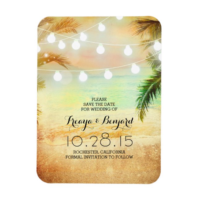 Beach Sunset String Lights Palms Save the Date Magnet (Vertical)