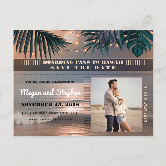 Beach Sunset String Lights Photo Save the Date Announcement Postcard (Front)