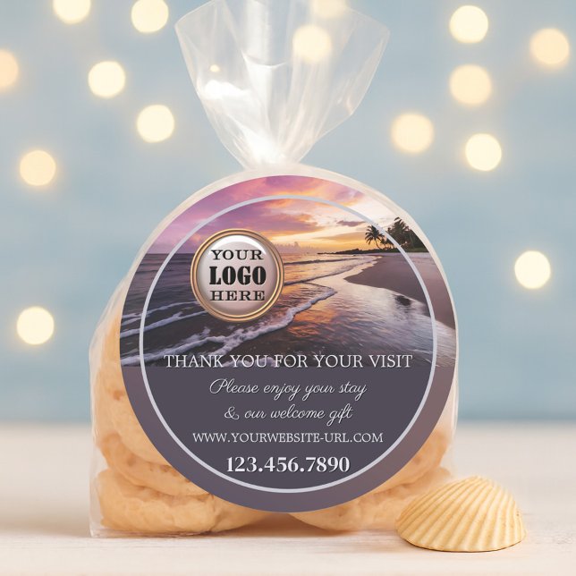 Beach Sunset Thank You Classic Round Sticker (Sticker featuring a tropical beach at sunset. With your custom logo (optional))