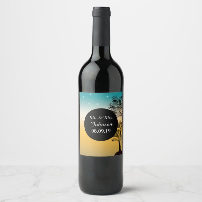 Beach Sunset Tropical Palm Tree Wedding Wine Label (Front)
