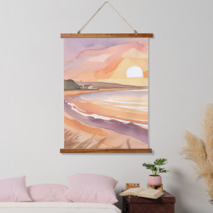 Beach Sunset Watercolor Beautiful Ocean Painting Hanging Tapestry