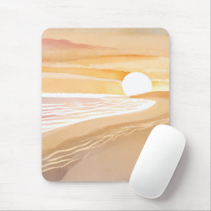 Beach Sunset Watercolor Beautiful Yellow Ocean Mouse Pad