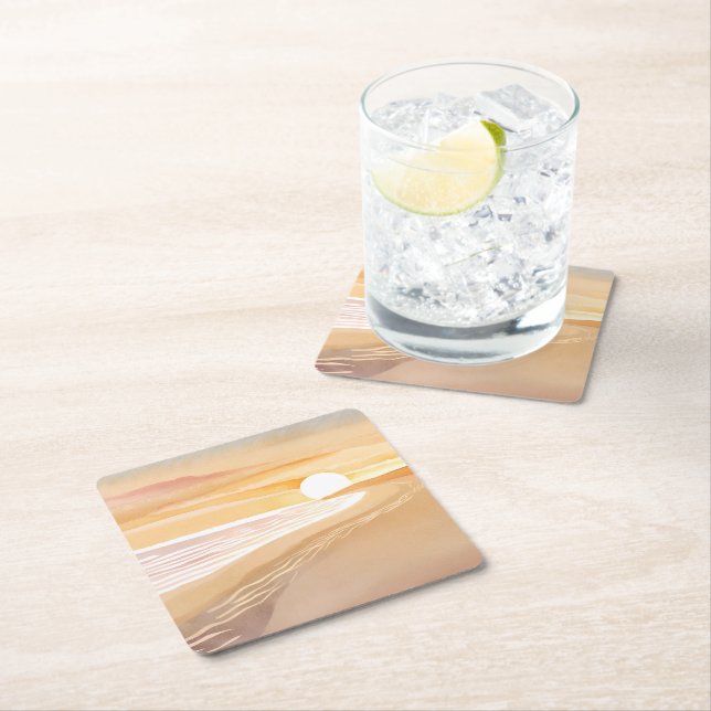 Beach Sunset Watercolor | Beautiful Yellow  Square Paper Coaster (Insitu)