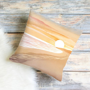 Beach Sunset Watercolor Beautiful Yellow Throw Pillow