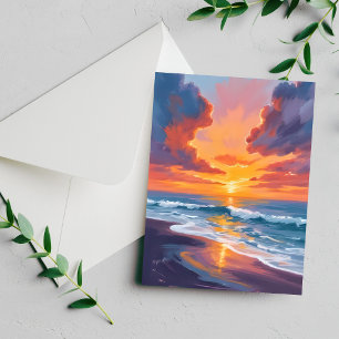 Beach Sunset Watercolor Ocean Painting Card