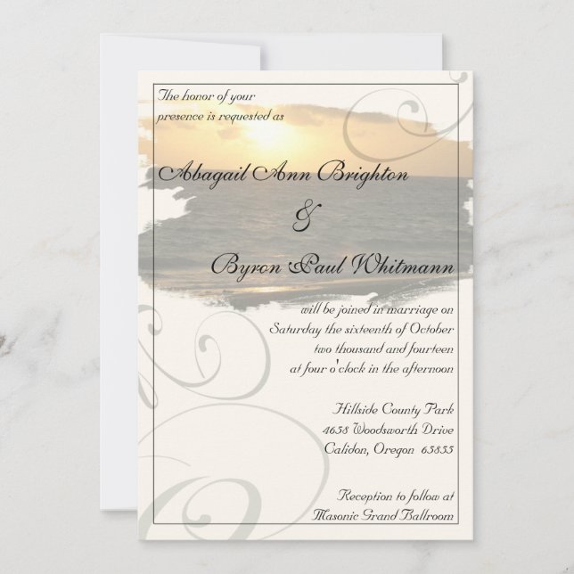 Beach Sunset with Flourishes Wedding Invitation (Front)