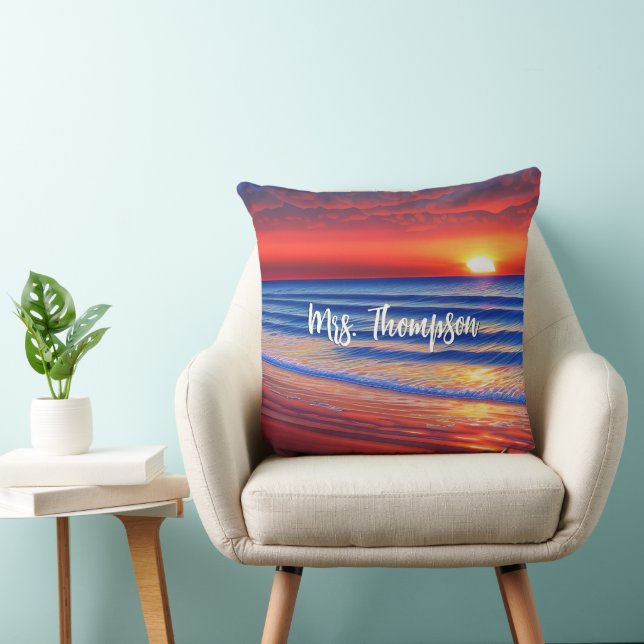 Beach Sunset with Personalized Name Throw Pillow (Chair)