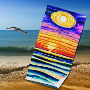 Beach Sunset with Waves & Sun, Orange & Blues Beach Towel