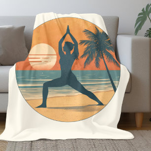 Beach Sunset Yoga Silhouette   Cream Coastal Life Fleece Blanket