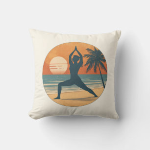 Beach Sunset Yoga Silhouette   Reversible Coastal Throw Pillow