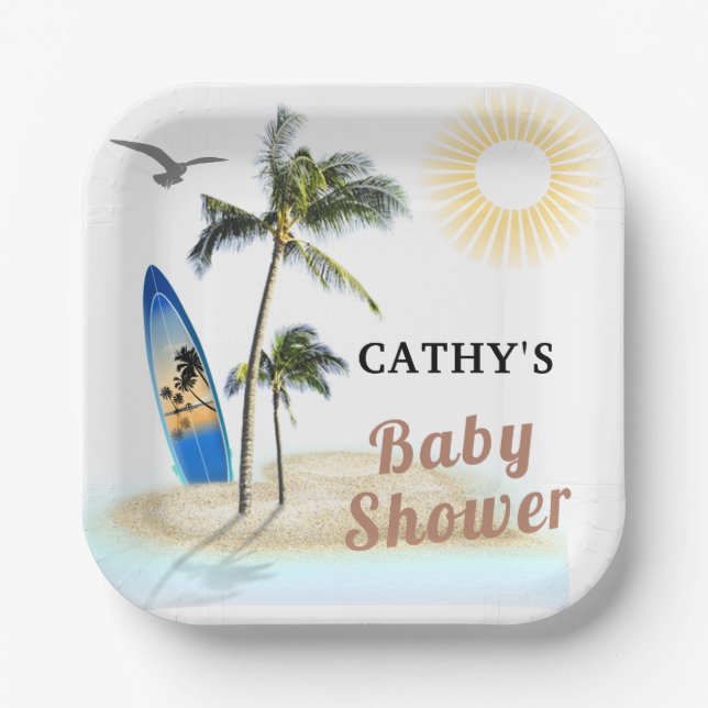 Beach Surf Baby Shower 7" Square Paper Plate (Front)