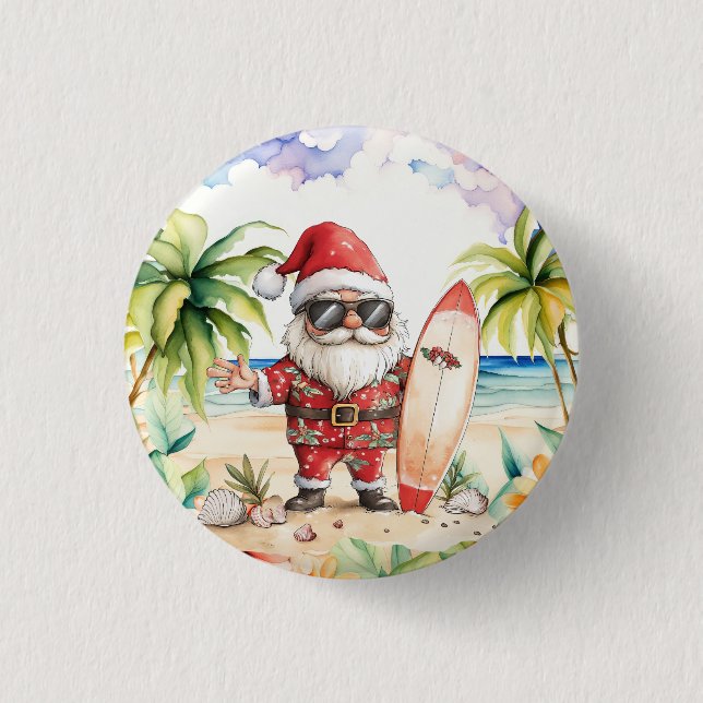 Beach Surf Christmas Party with Santa Claus  1 Inch Round Button (Front)