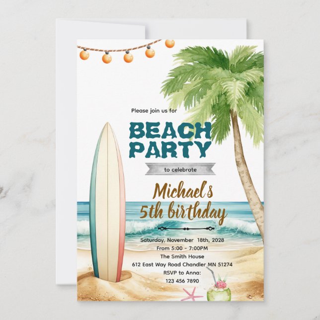 Beach surf theme invitation (Front)