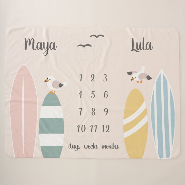 Beach Surfer Twins Milestone Baby  Sherpa Blanket (Front (Horizontal))