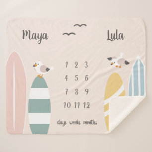 Beach Surfer Twins Milestone Baby  Sherpa Blanket