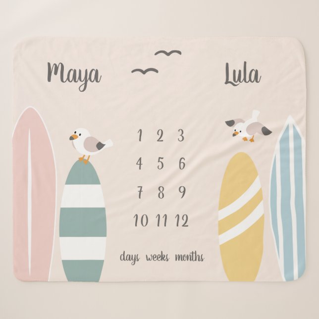 Beach Surfer Twins Milestone Baby  Sherpa Blanket (Front (Horizontal))