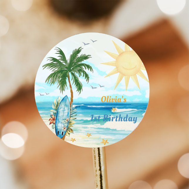 Beach Surfing Birthday Party   Classic Round Sticker (Creator Uploaded)