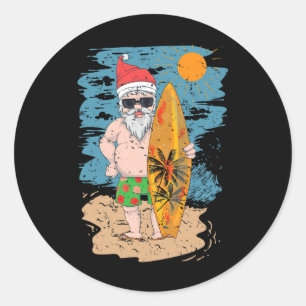 Beach Surfing Santa Funny Summer Hawaii Christmas  Classic Round Sticker