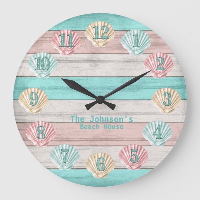 Beach Teal and Coral Seashells Large Clock (Front)