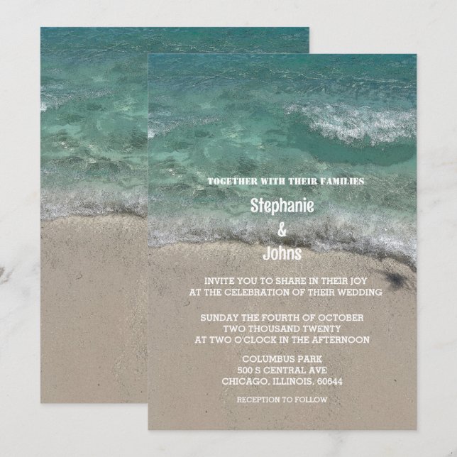Beach Teal Blue Green Artsy Abstract Cool Wedding Invitation (Front/Back)