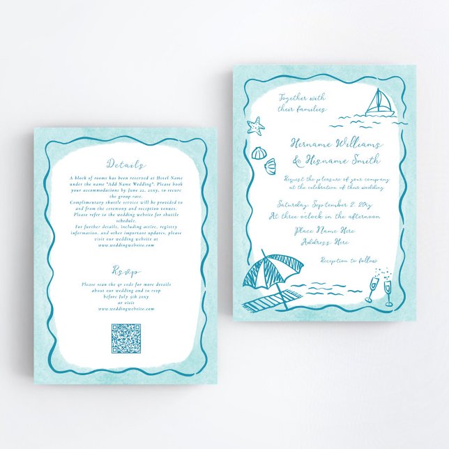 Beach Teal Hand Drawn QR RSVP All-In-One Wedding Invitation (Creator Uploaded)